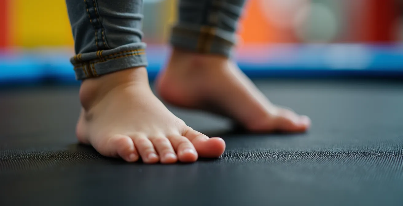 Gros plan sur les pieds d'un enfant en équilibre sur la toile du trampoline