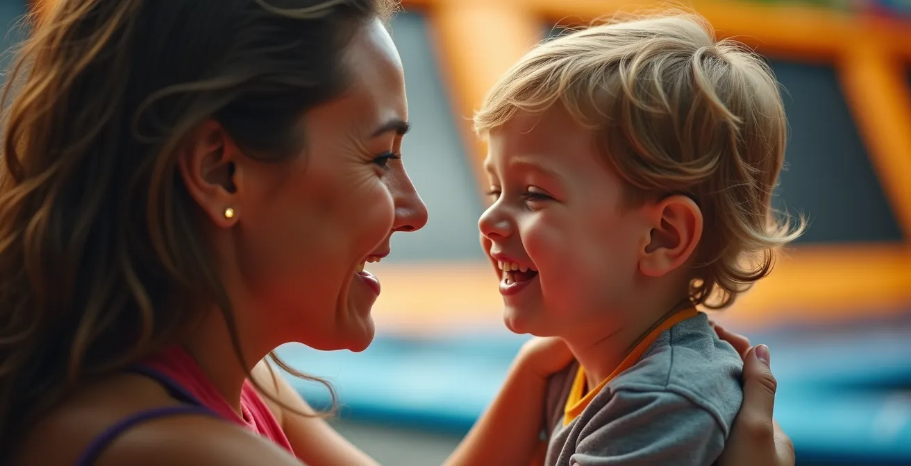 Échange de regards complices entre parent et enfant au trampoline park